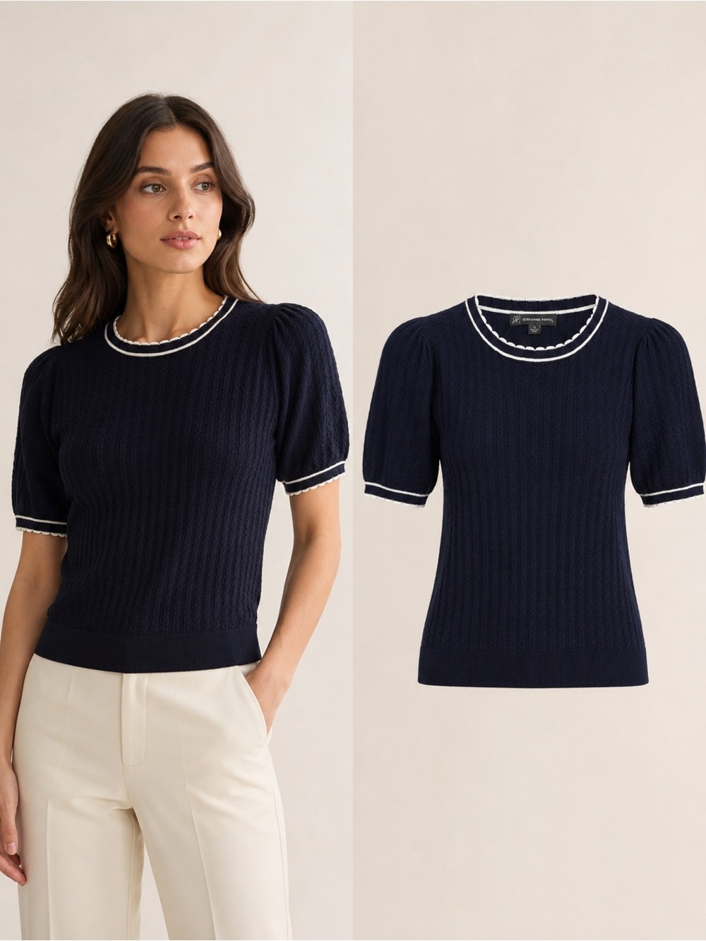 Adrianna Papell | Navy Ivory Scalloped Cable Knit Puff Sleeve Sweater Top | M